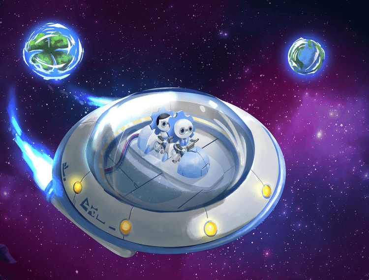 Illustration des Podcasts Up in the Sky mit Raumschiff und Sternenhimmel